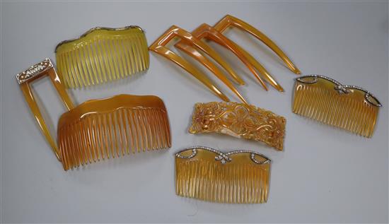 A pair of early 20th century rose cut diamond mounted simulated tortoiseshell hair combs and seven others.